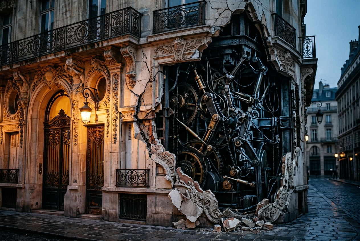 Art Nouveau building facade cracking open to reveal puppet machinery and industrial gears beneath the ornate stone carvings