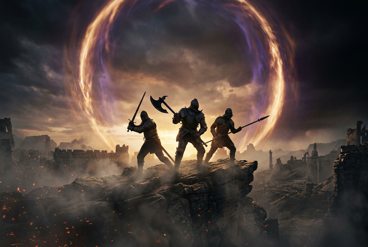 Three armored warriors stand on a ridge as a collapsing ring of night energy closes around the Lands Between, the horizon consumed by violet and amber darkness