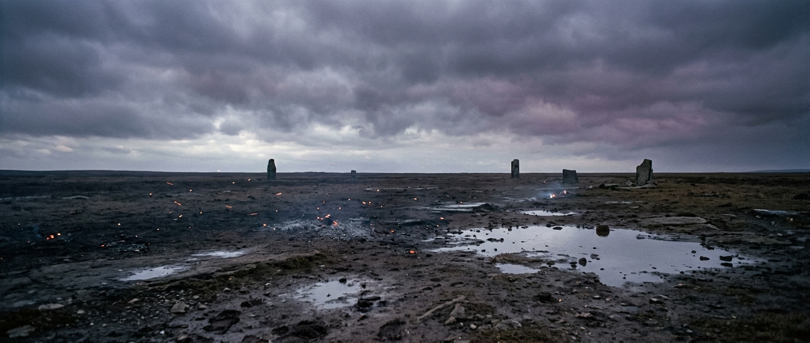 A wide, quiet stone landscape under heavy storm clouds, ash drifting in still air before the rain arrives.