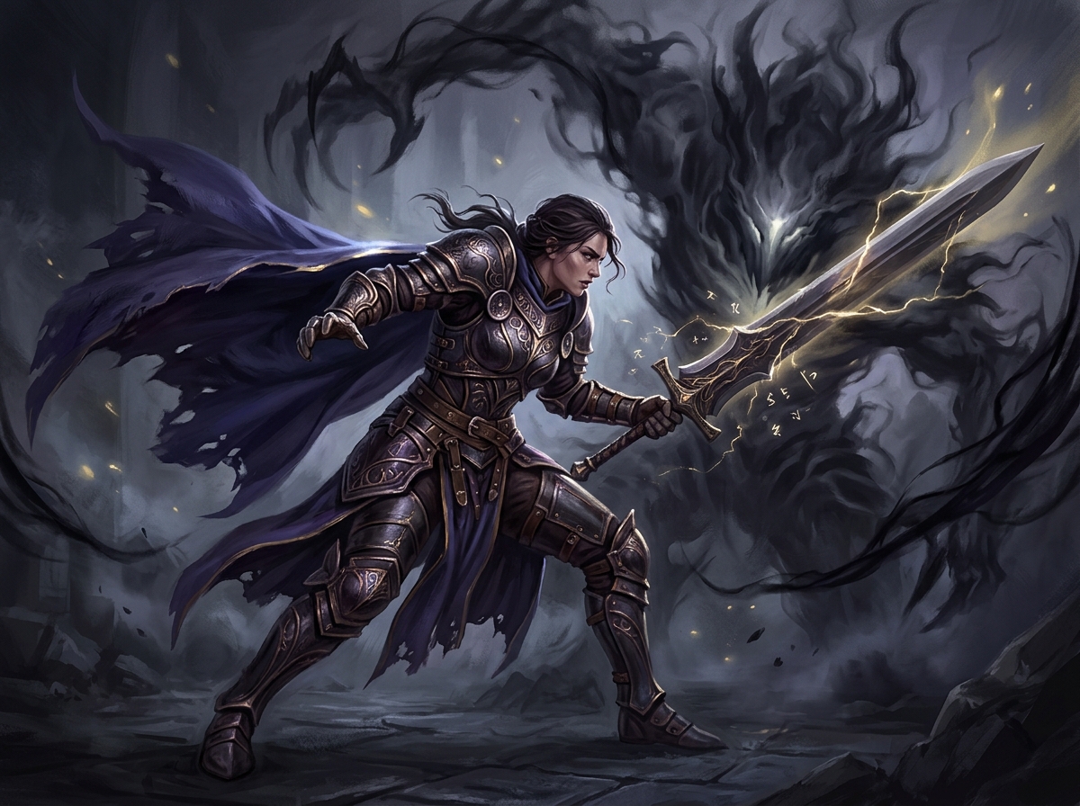 Duchess warrior stands close to a massive shadowy Nightlord boss immediately after landing a burst of strikes, weapons glowing with faint golden energy in dramatic dark fantasy lighting.