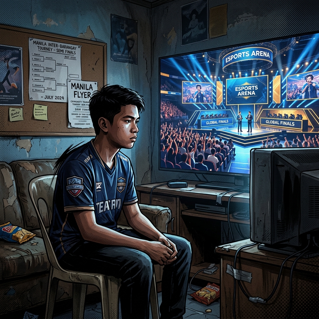 A Southeast Asian esports player in a dimly lit bedroom watches a gleaming Seoul arena broadcast on screen, surrounded by hand-drawn tournament brackets and cheap gear, illustrating the gap between VCT Pacific's global production and regional exclusion.
