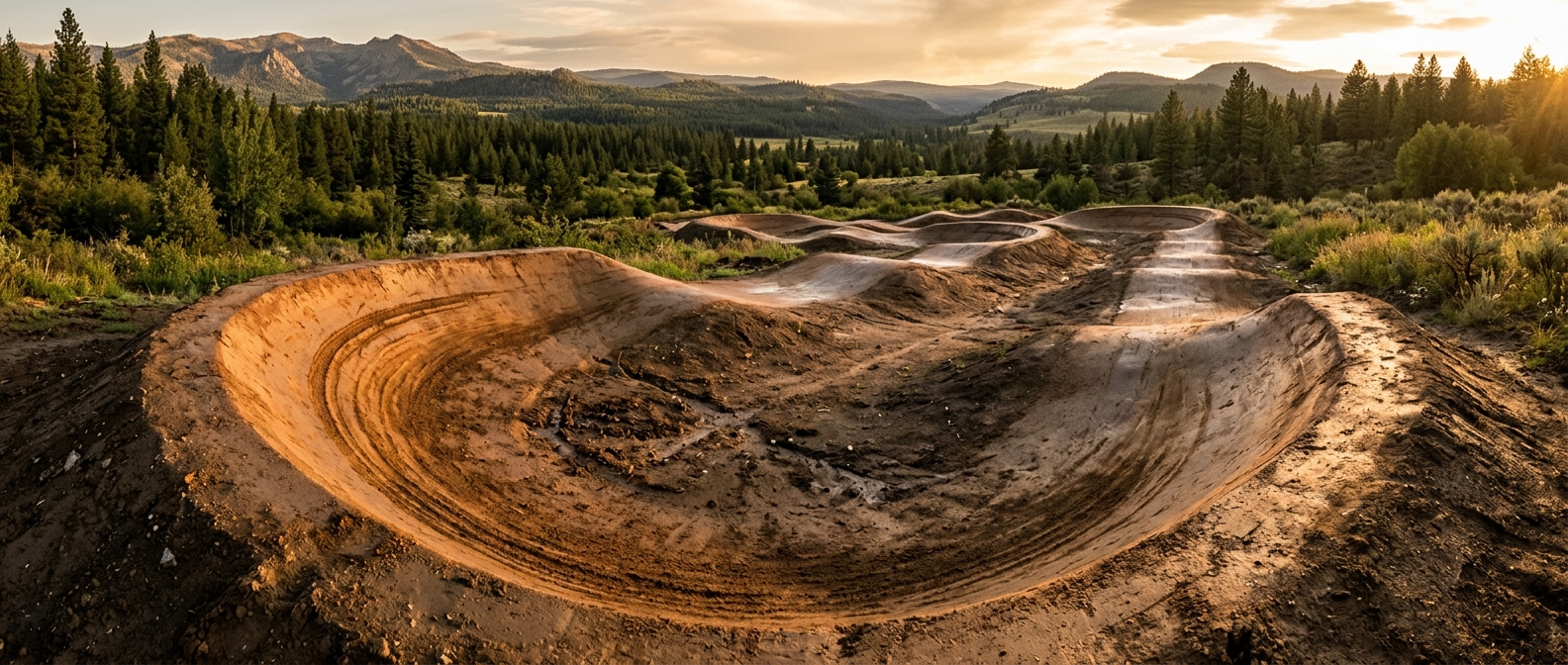 A deeply worn arc groove carved into a clay pump track berm glows in warm golden-hour light, with a chain of glazed roller crowns stretching back through the sculpted dirt circuit toward pine-covered hills.