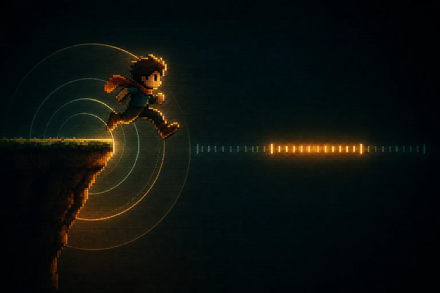 A pixel-art platformer character hangs in the air just past a ledge edge, surrounded by faint glowing timing arcs and a glowing timeline beside it.