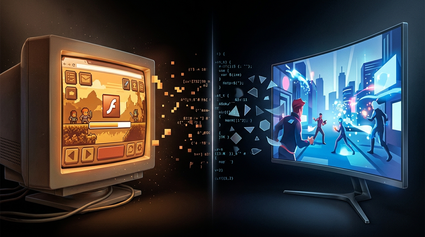 A dramatic split composition showing a vintage CRT monitor glowing with pixelated Flash-era browser game graphics on the left and a modern sleek monitor displaying smooth HTML5 game visuals on the right, connected by cascading code fragments in a dark atmospheric void