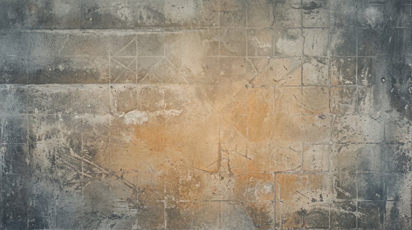 Abstract textured surface of muted concrete and worn tile tones, quiet and wide, suggesting a still moment between effort and progress