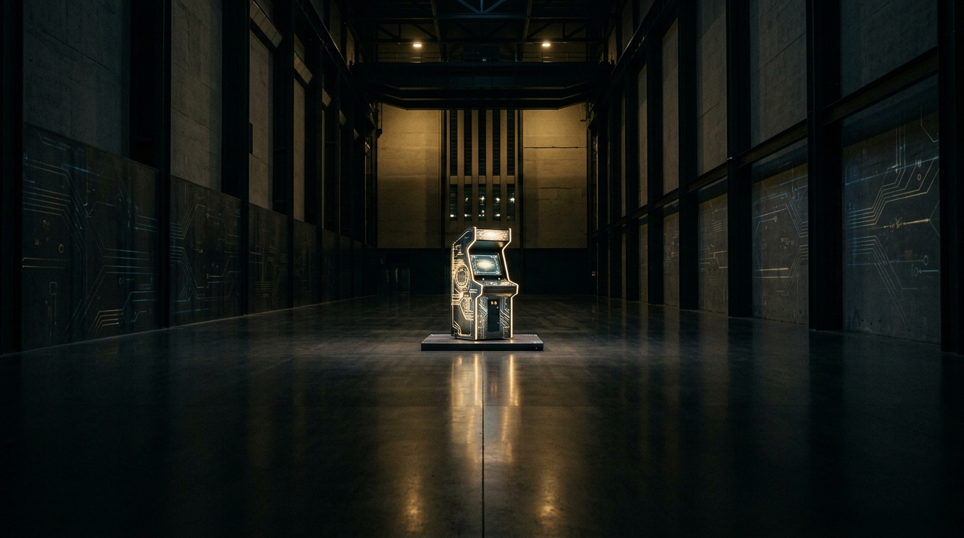 A solitary futuristic arcade cabinet glows softly in a vast darkened hall, its golden light reflecting across polished floors amid faint holographic circuit patterns, evoking quiet contemplation of tomorrow's arcade hardware landscape.
