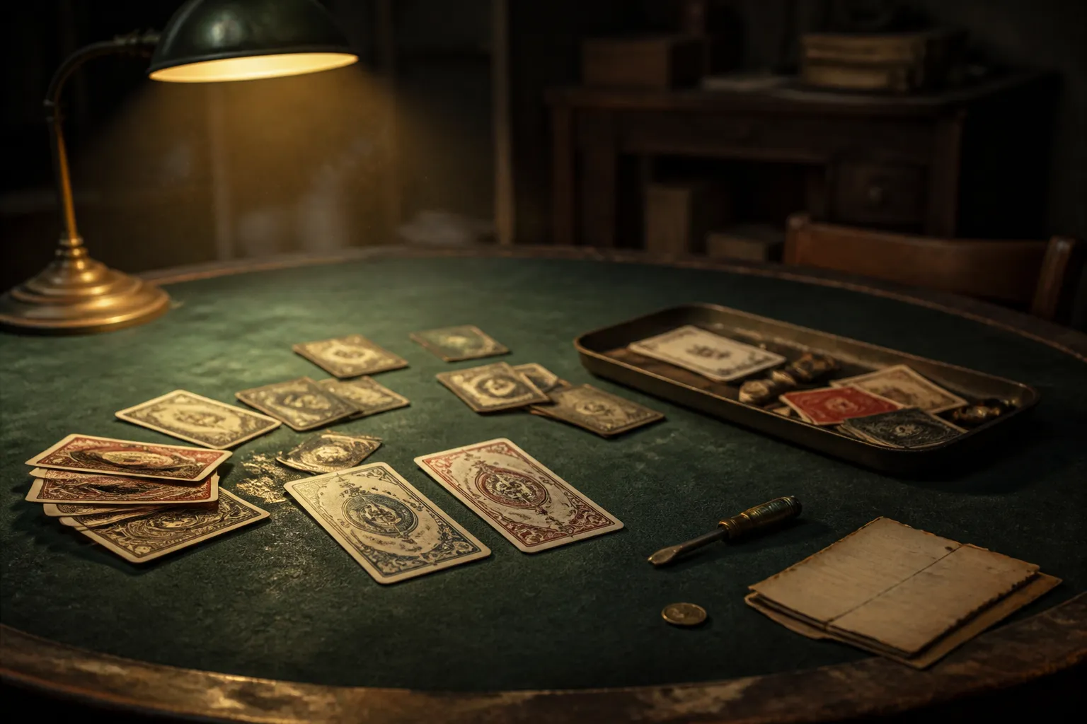 A green felt table under bench light after a finished card run, with two ornate early cards still visible among scattered cards, beside a brass screwdriver, a loose coin and a manual with missing pages.