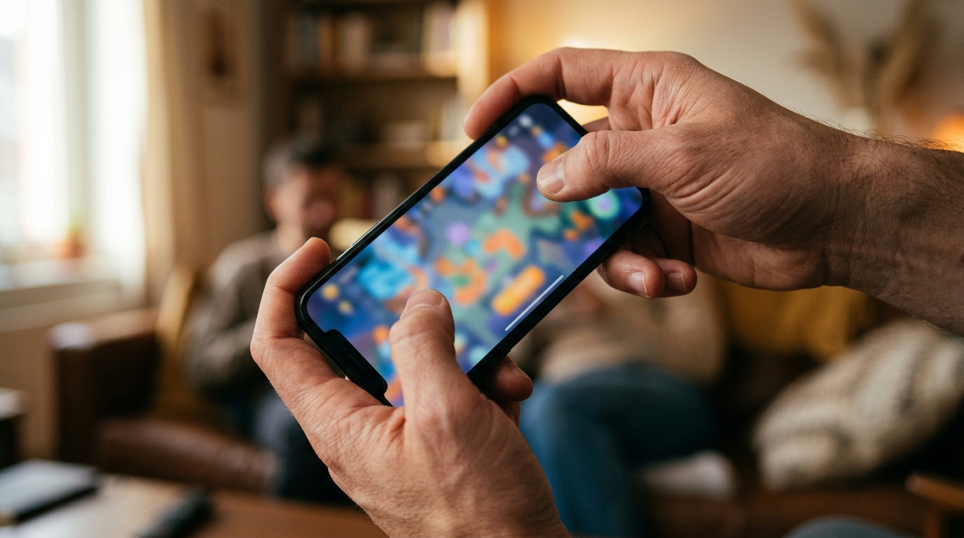 A pair of hands rotating a glowing smartphone sideways, caught mid-turn between portrait and landscape orientation, with colorful game visuals visible on the screen.