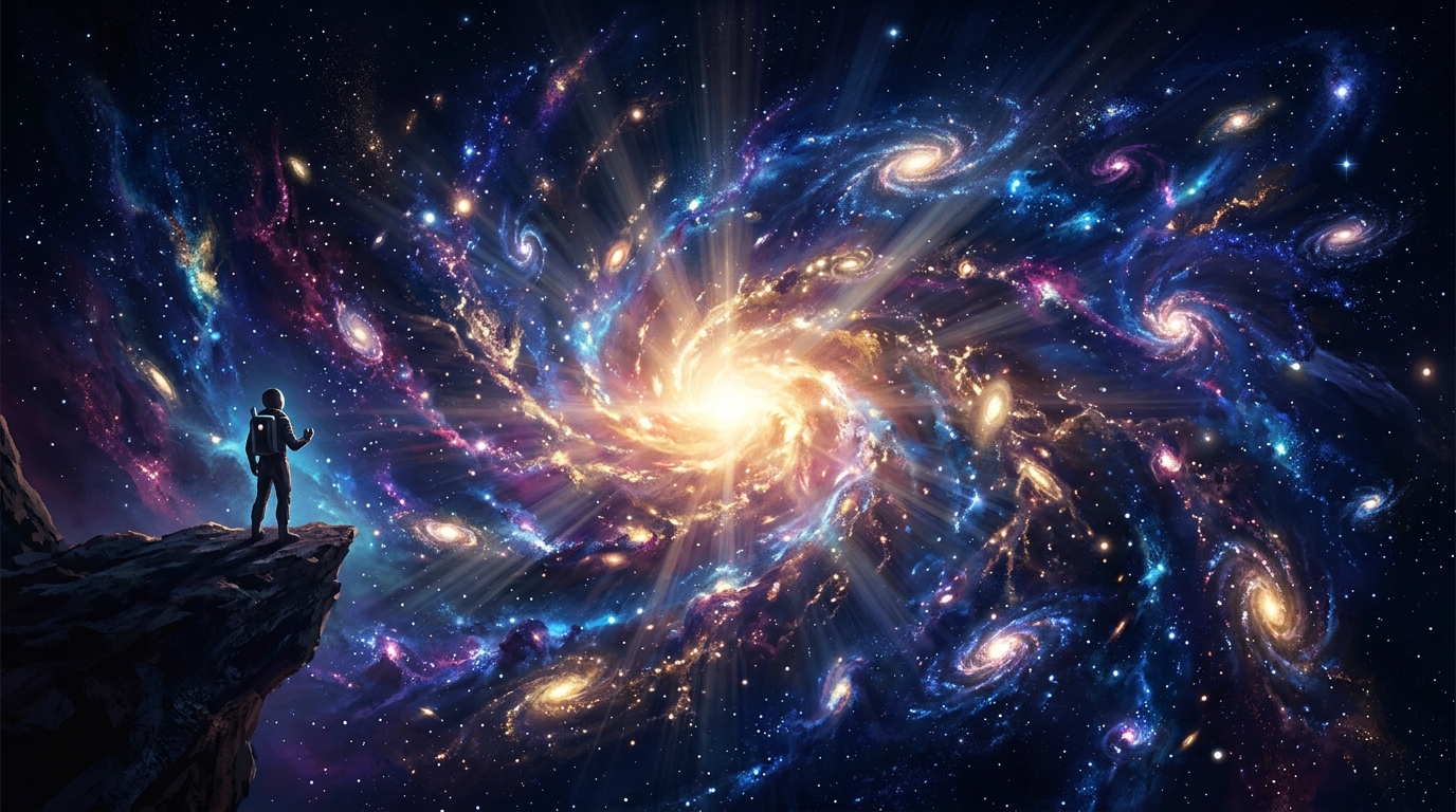 A silhouetted figure stands at the precipice of a cosmic cliff as a universe unfolds before them, galaxies and nebulae spiraling outward in brilliant blues, purples, and gold from a single point of light.