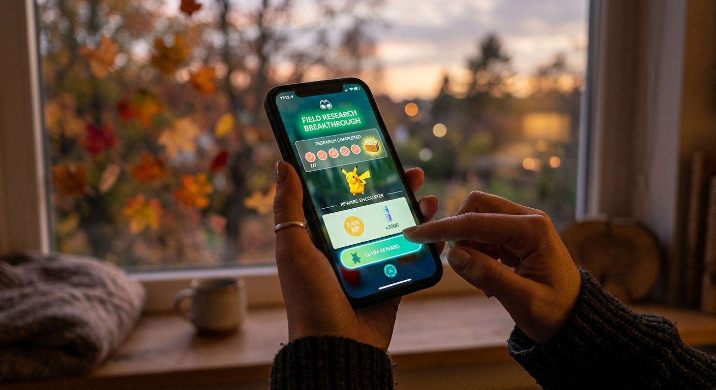 A trainer's hands holding a phone with a glowing Field Research Breakthrough screen, soft autumn light fading in the background.