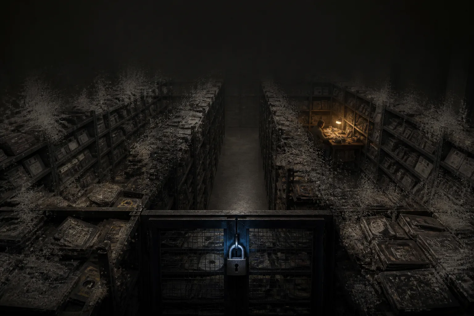 A dim, vanishing archive of shelved video game media, some crumbling to dust, with a padlocked cabinet in the foreground and a single lamp lighting a scholar's few surviving discs.