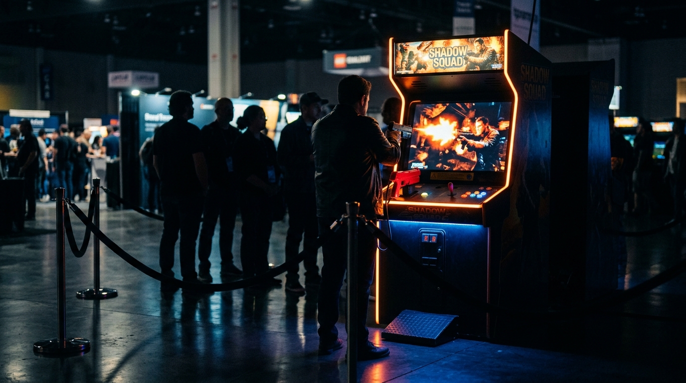 A glowing Time Crisis-style arcade cabinet bathed in neon light on a darkened trade show floor, foot pedal visible, silhouetted crowd queuing behind it