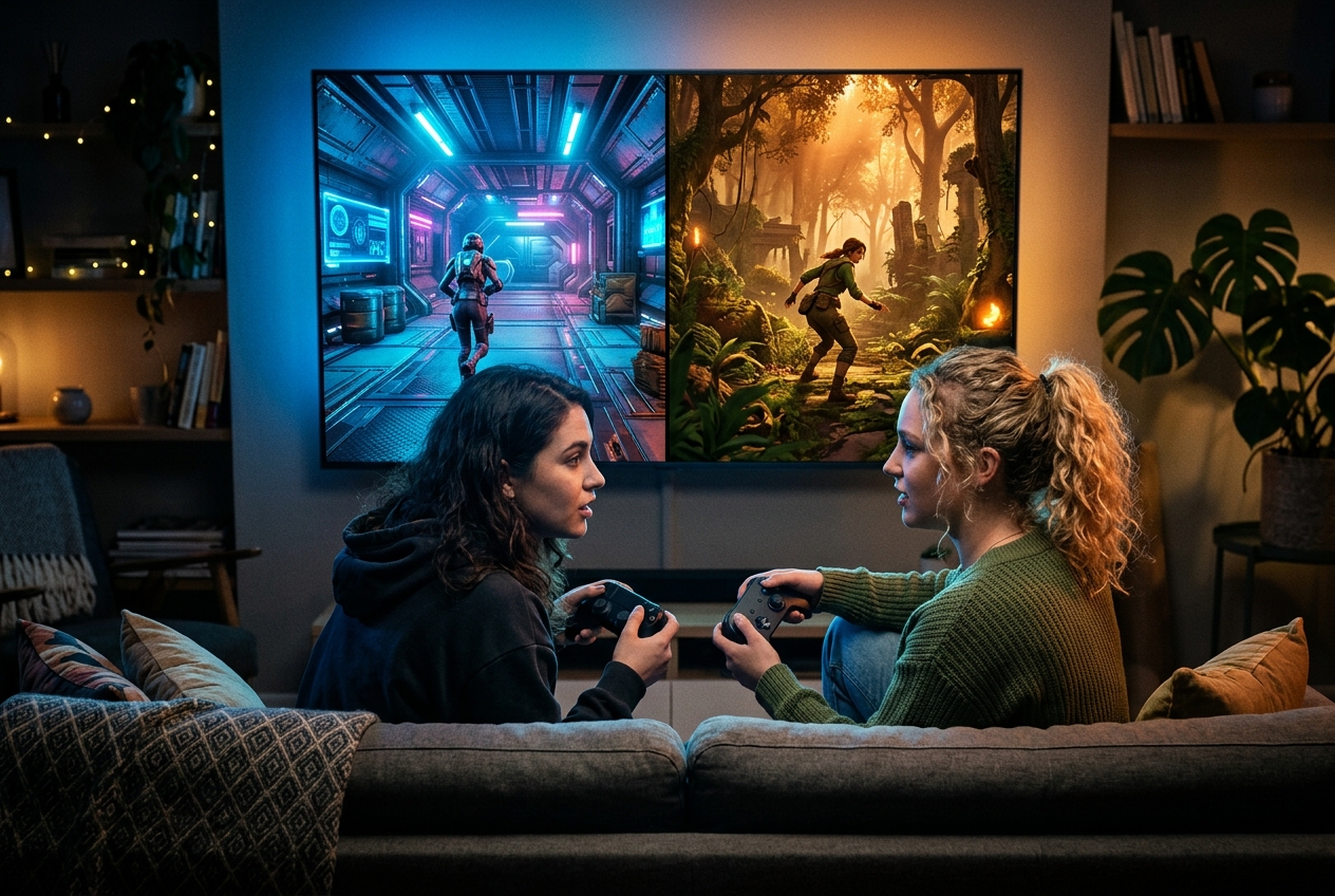 Two players sit side by side on a couch holding controllers, faces illuminated by a split television screen showing a science fiction corridor on one side and a fantasy biome on the other, capturing the genre-fracturing co-op design of Split Fiction.