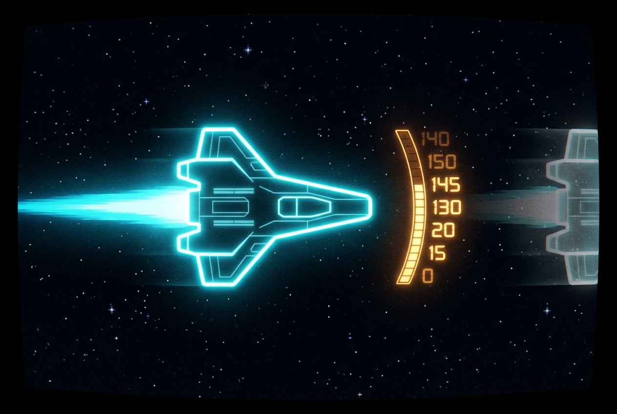 A glowing spaceship re-enters at the left screen edge with its direction and exhaust trail intact, while an amber speed readout beside it shows momentum gradually fading against a deep starfield.