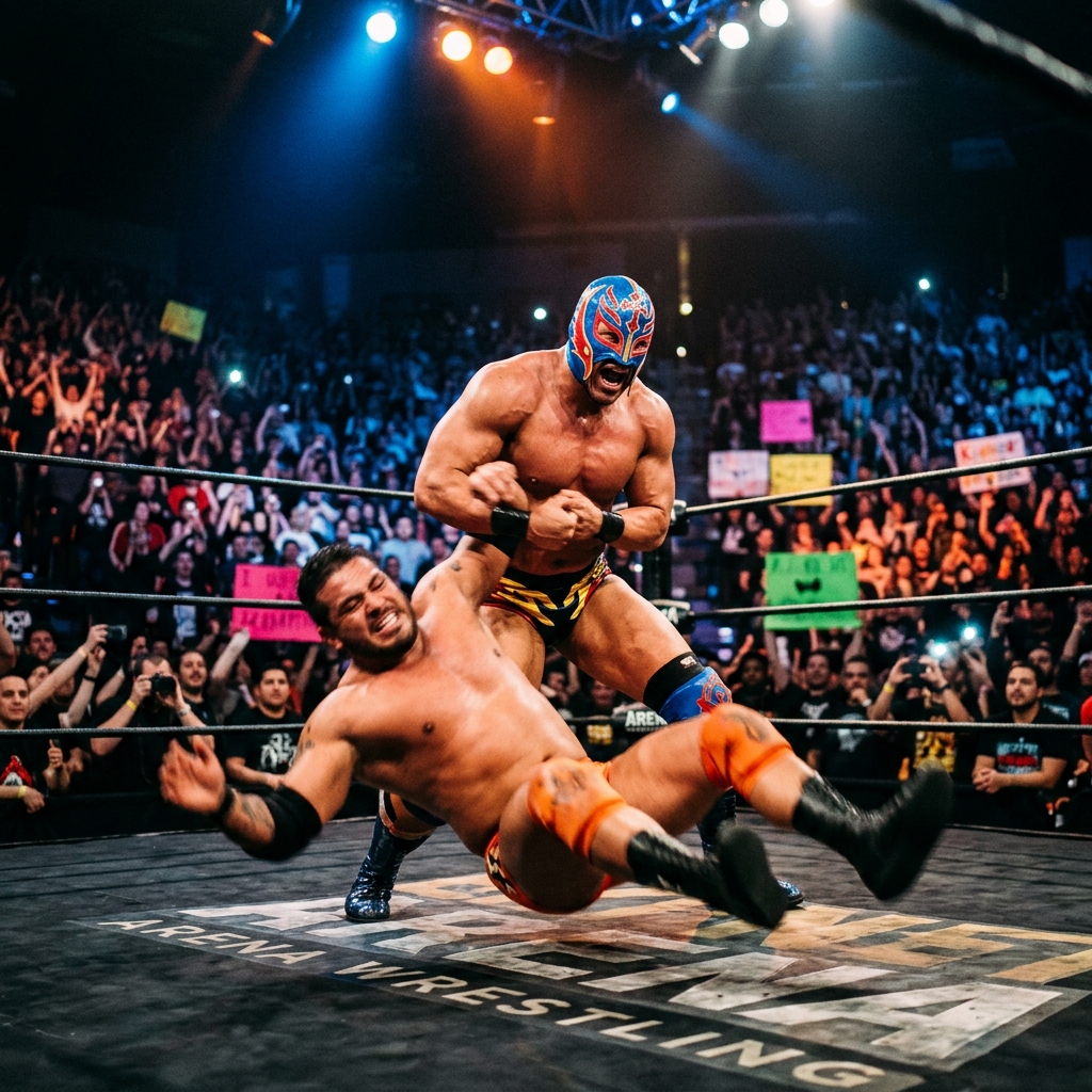 A dramatic wrestling ring action shot with a masked wrestler delivering a powerful slam under blazing arena lights