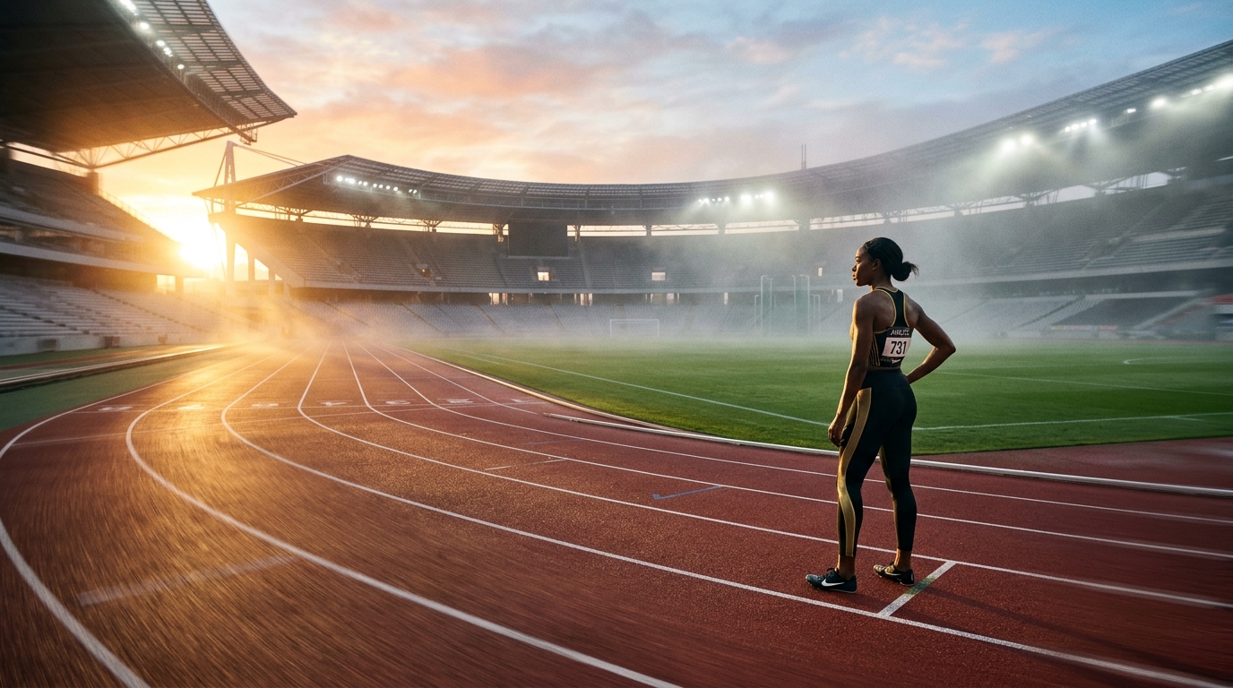 A professional athlete stands at the start of a track inside a vast modern stadium at dawn, golden light streaming across the lanes as fog drifts over the field