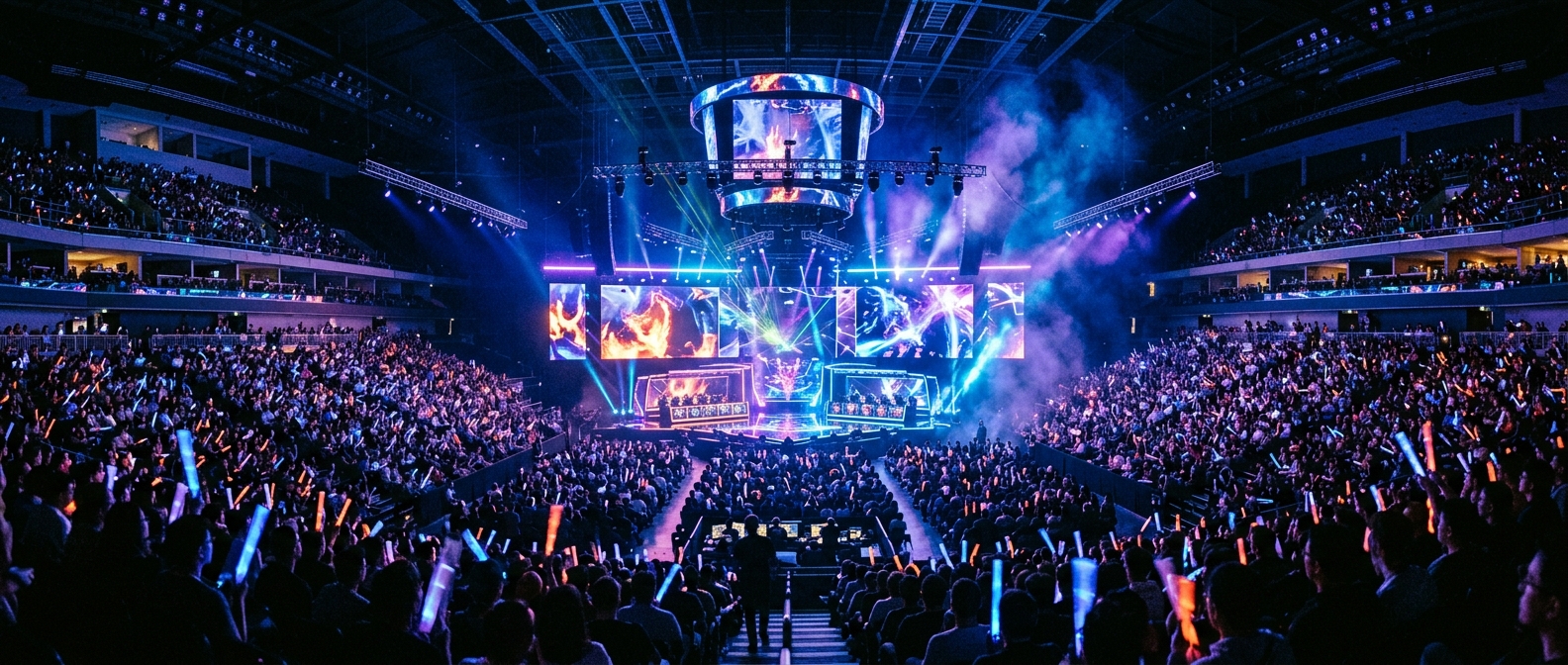 A massive esports arena packed with thousands of fans holding glowing light sticks, giant LED screens illuminating the crowd, a lone competitor silhouetted on stage under dramatic laser lights