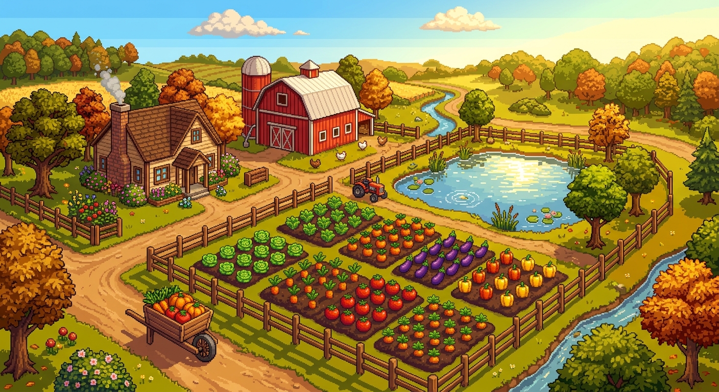 A lush painterly farm with colorful crop rows, a red barn, farmhouse, and glittering pond bathed in golden-hour light