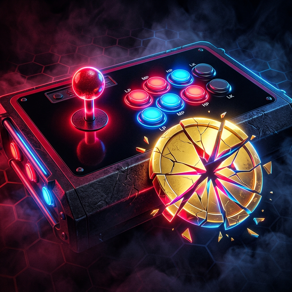 A glowing arcade fight stick illuminated in red and blue neon light with a fractured gold discount badge reflecting geometric shards against a dark smoky hexagonal background