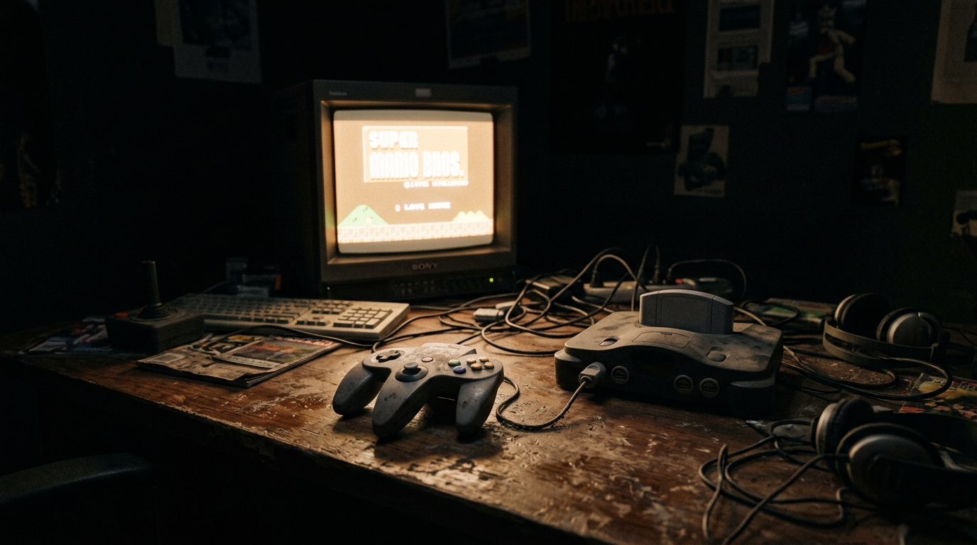 A dim retro gaming desk with a glowing CRT monitor, dusty controller, and tangled cables in muted amber and grey tones
