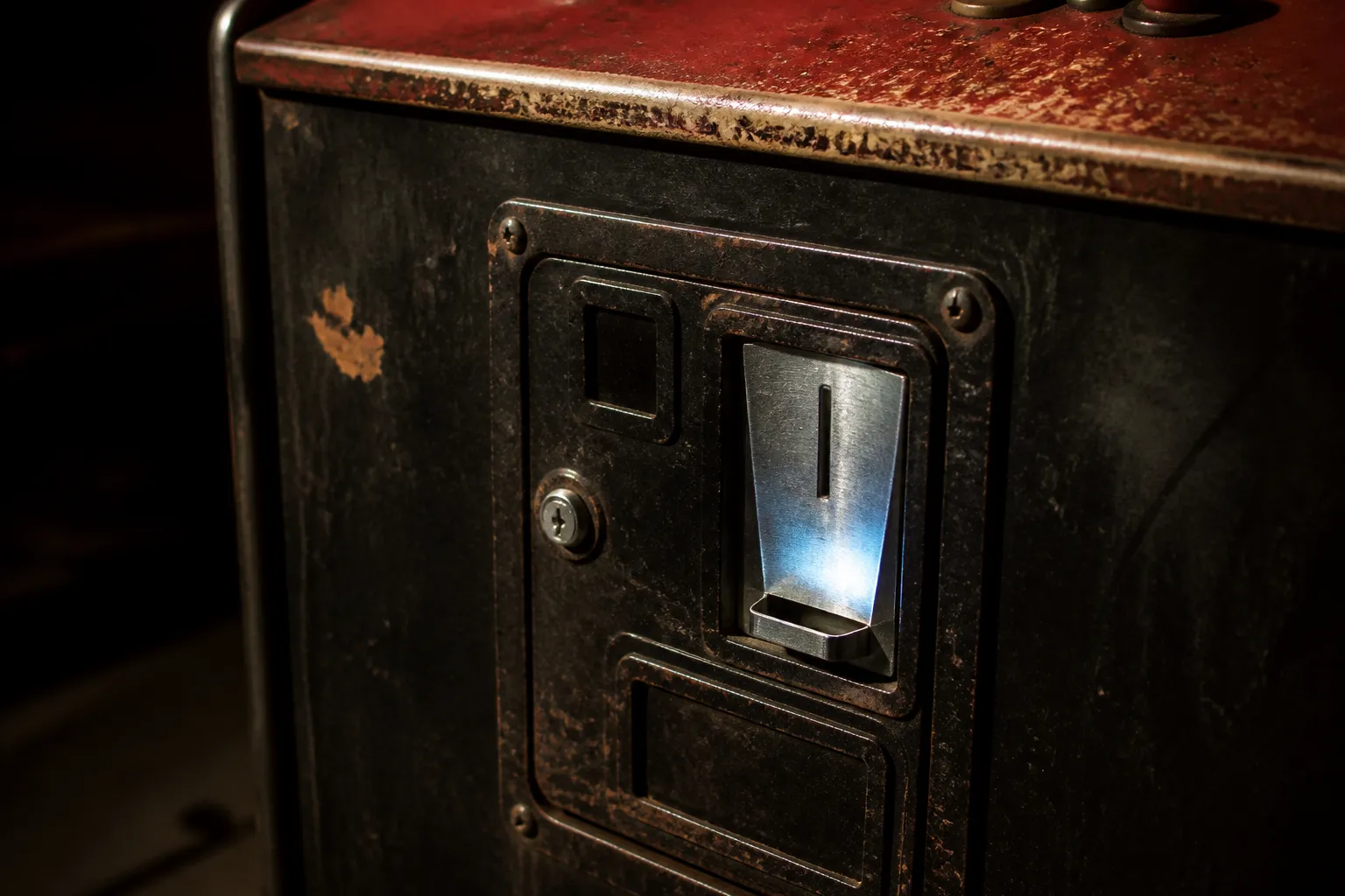 Close, side-lit view of a worn arcade cabinet's coin door, its metal edges scuffed and dusty, resting in quiet light between two moments of decision.