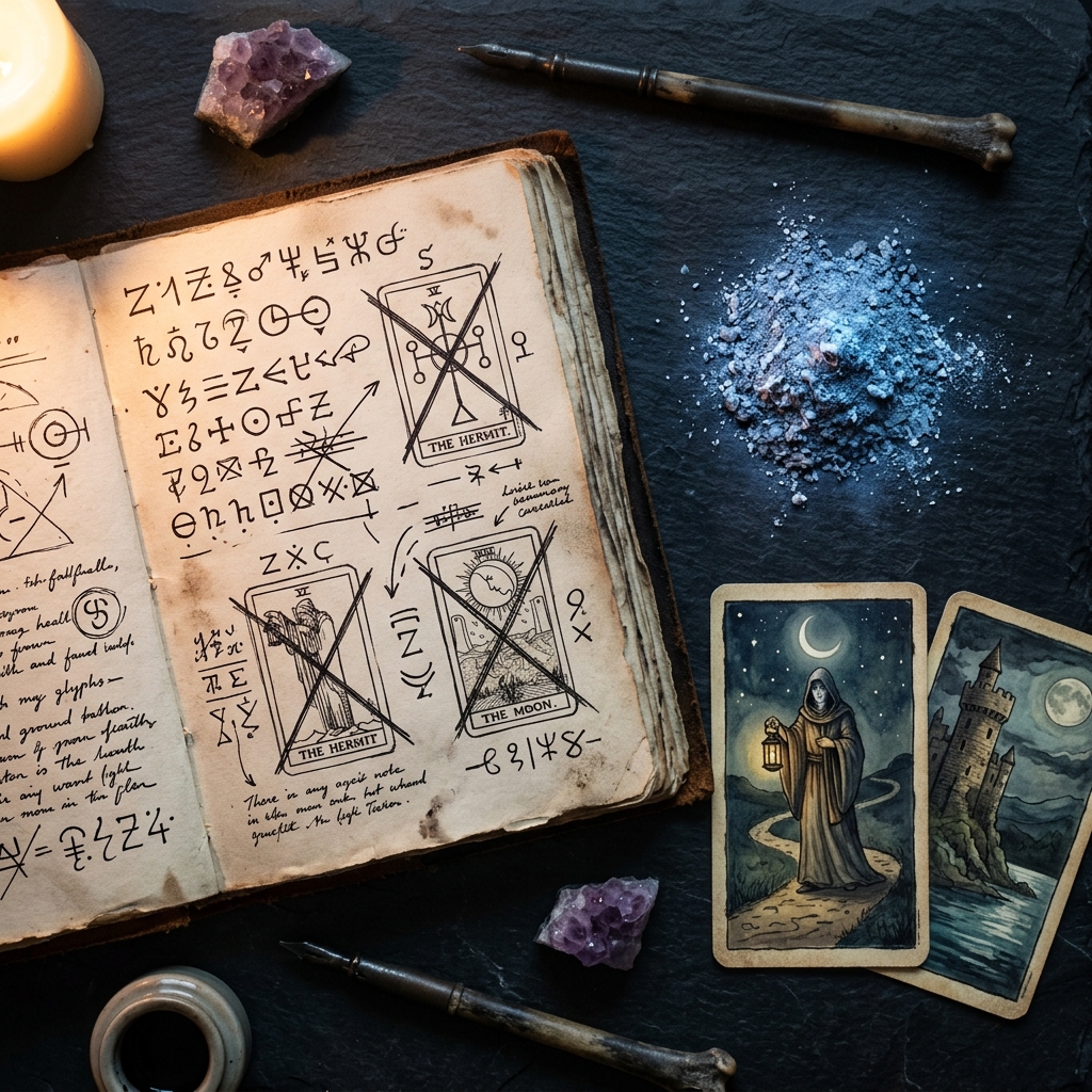 Notebook with crossed-out arcana card sketches beside glowing ash and two face-up mystical cards on dark stone