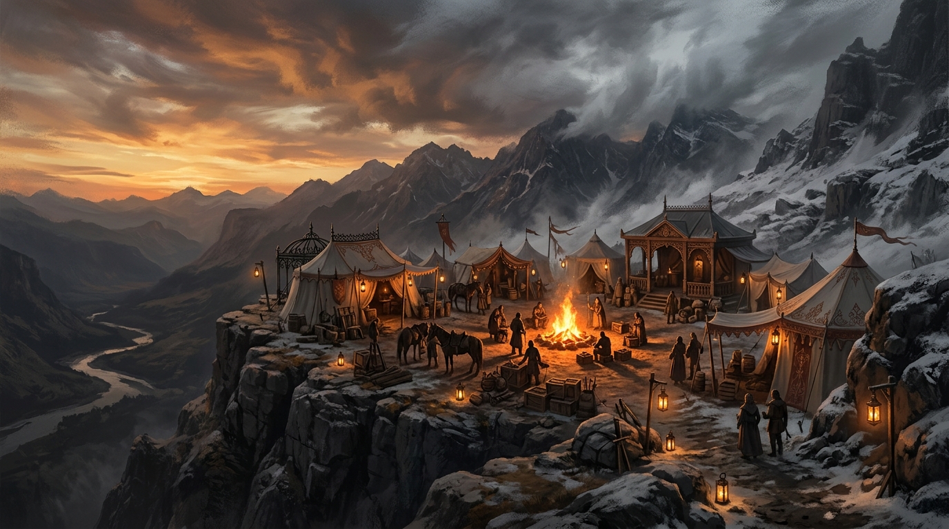 Expedition camp on a rocky plateau at twilight, warm firelight struggling against a spreading ashen pallor that drains color from tents and stone, silhouetted figures gathered beneath a sky split between amber warmth and grey ruin