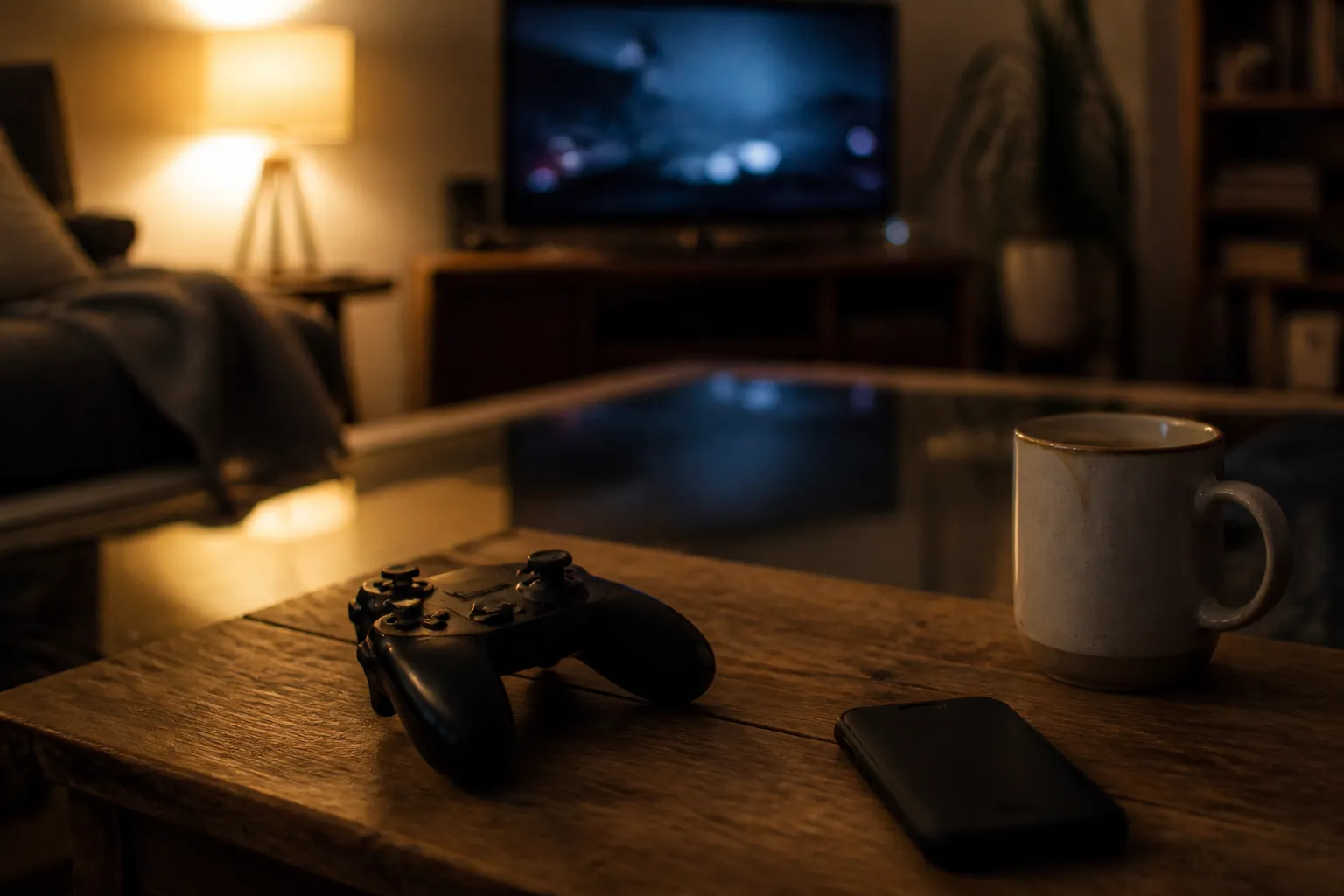 A game controller rests on a wooden coffee table in a dim living room, lamp light and a faint reflection of a TV on the glossy surface, suggesting a quiet pause before choosing what to play next.