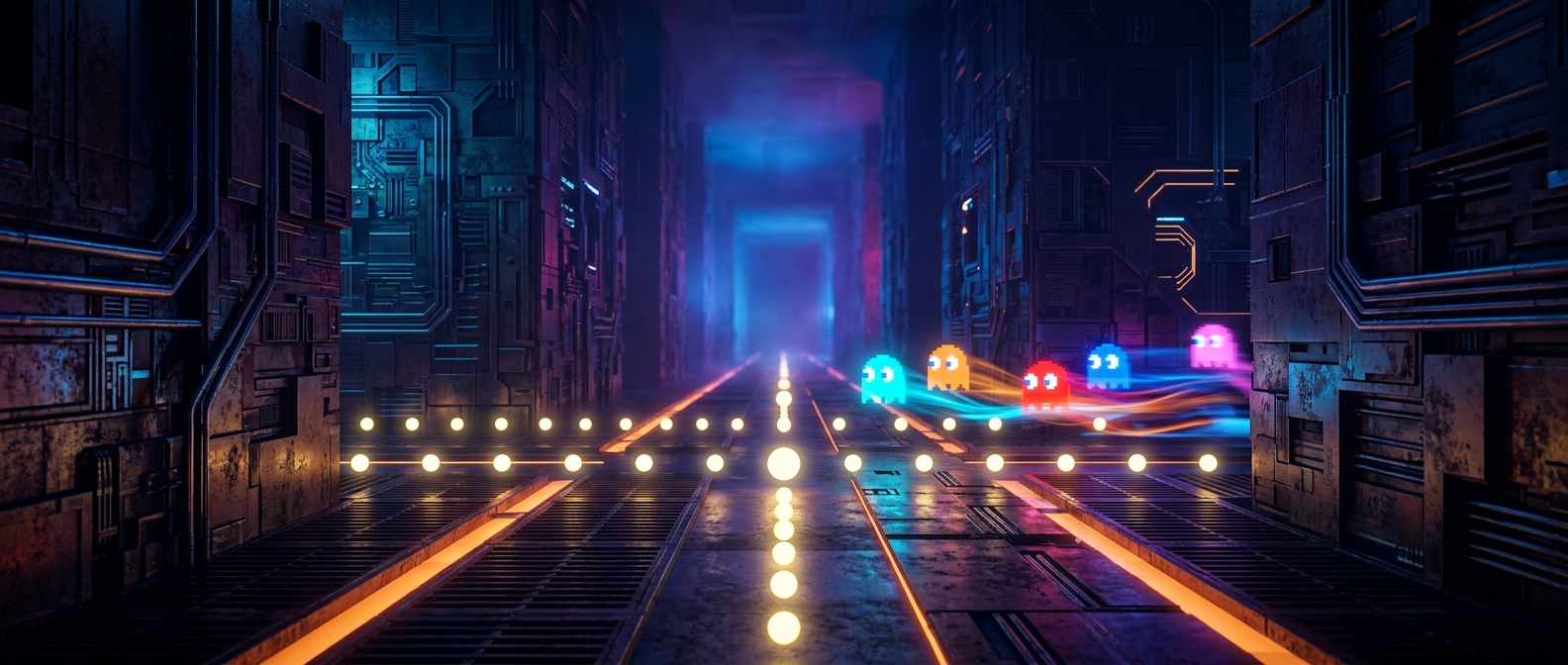 A panoramic neon-lit maze corridor receding to a vanishing point, patrolled by glowing ghost-like adversaries casting colored light trails across rows of luminous dots on the floor.