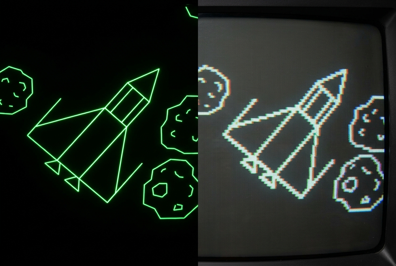 Side-by-side comparison of a vector graphics arcade display showing razor-thin geometric lines versus a home television port of the same game showing chunky pixelated approximations of the same shapes