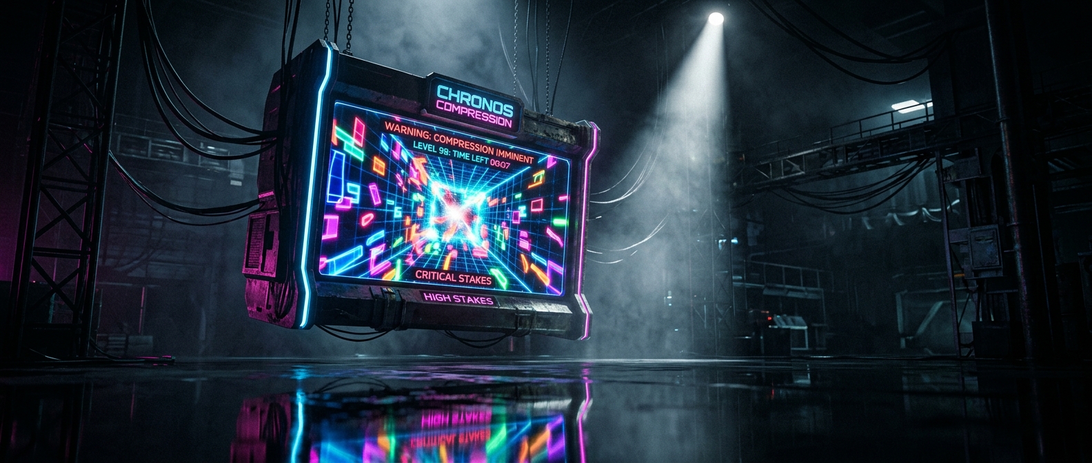 A glowing arcade screen displays falling colored segments compressing under dramatic blue and magenta lighting, evoking a tense single timed challenge.