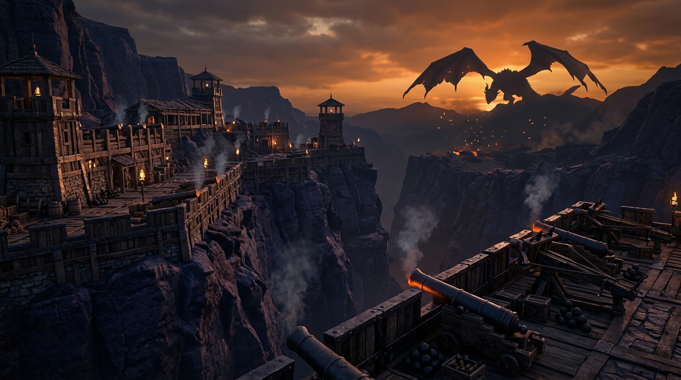 A fortified outpost with multiple siege cannons and ballistae lines a canyon rampart at sunset, facing a massive winged monster silhouetted in the distant fiery sky.