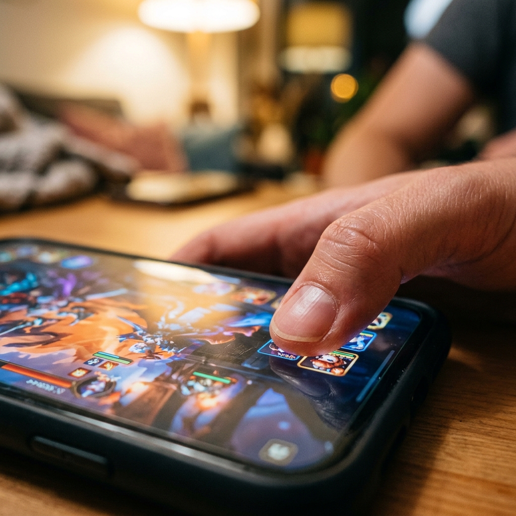 A thumb hovering over a smartphone touchscreen during a browser-based game session, screen glow reflected on skin
