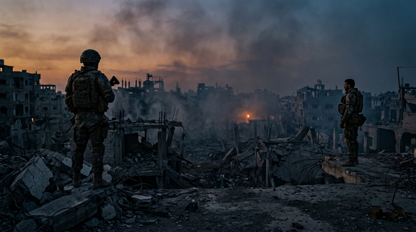 Two armored soldiers stand apart in a smoke-filled ruined city at dusk, fading amber flares and cool blue shadow creating a quiet reflective atmosphere