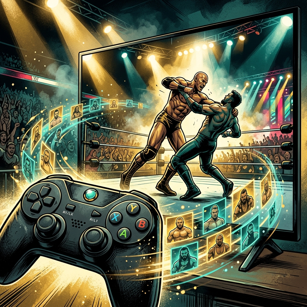 A game controller overlapping a glowing TV screen showing a wrestling ring, with floating character icons representing dynamic roster changes between game and broadcast