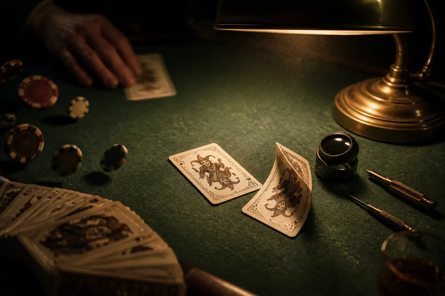 Two Joker cards set apart on a green felt card table under warm bench light, laid out like repair parts beside a loupe and small screwdrivers, with the rest of the hand fanned in shadow.