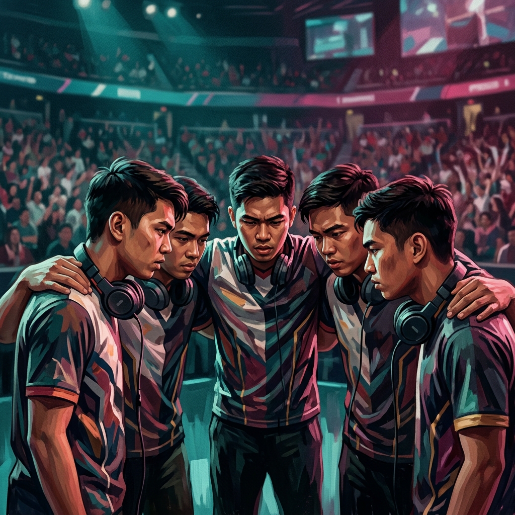 Filipino esports players in matching jerseys huddle under dramatic arena lighting during a 2025 VCT Pacific tournament stage