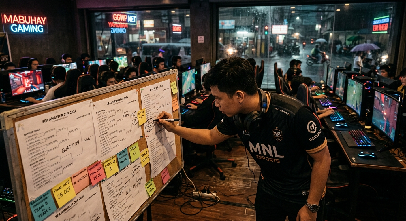 A young tournament organizer revises bracket dates on a corkboard inside a warm-lit Southeast Asian LAN café at night