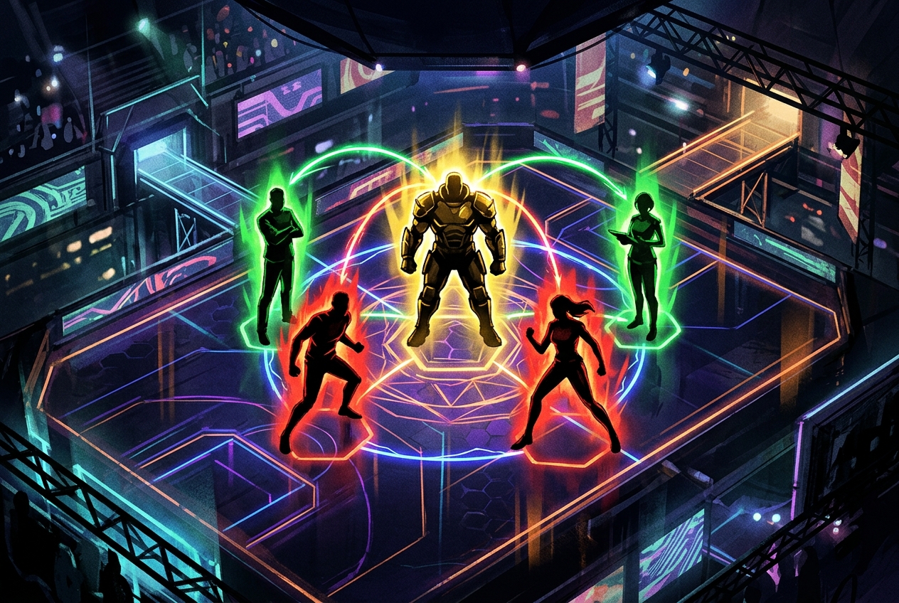 Five color-coded player silhouettes in tactical formation connected by glowing communication arcs representing Overwatch 2 role identity and team coordination