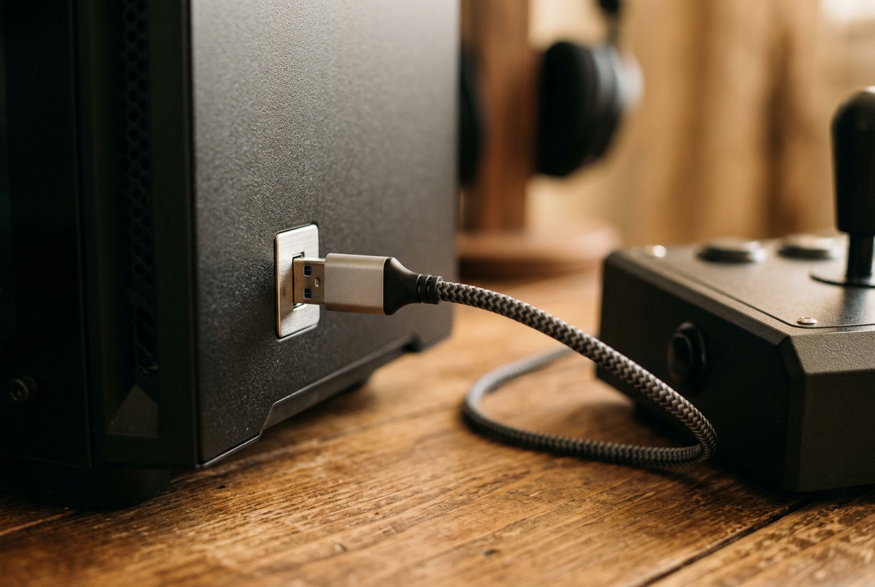 A braided USB cable from a fight stick plugged directly into a PC tower port