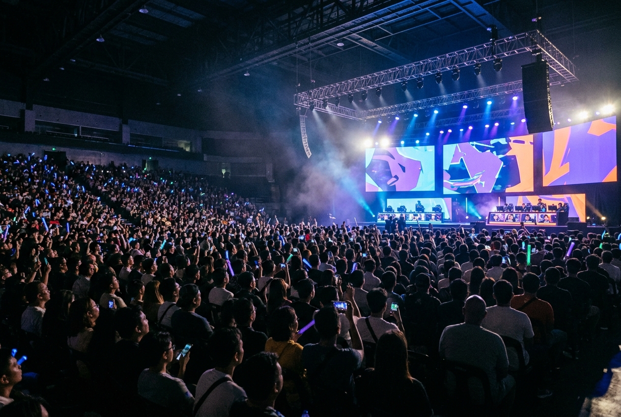 A packed esports arena in the Philippines during MPL Season 14 playoffs, with the glowing stage visible beyond rows of engaged spectators holding phones and lightsticks under dramatic purple and blue lighting