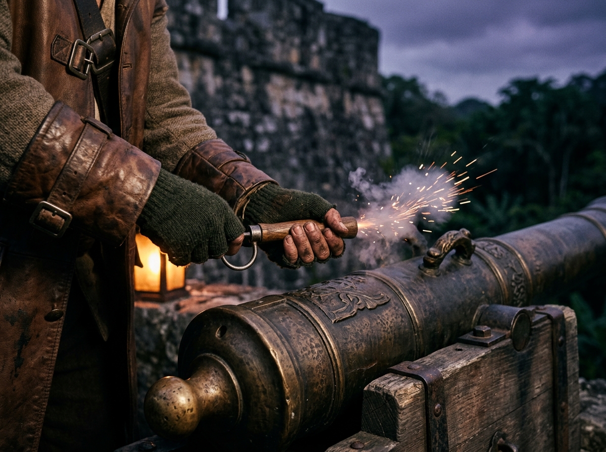 Close-up of gloved hands operating a mounted siege cannon with smoke rising from the barrel in a jungle fortress setting