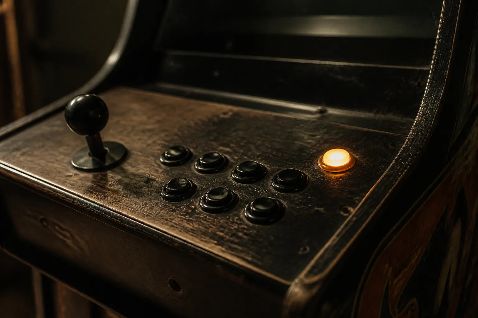 A worn arcade control panel with a polished joystick and buttons, one start button glowing softly in the dim.