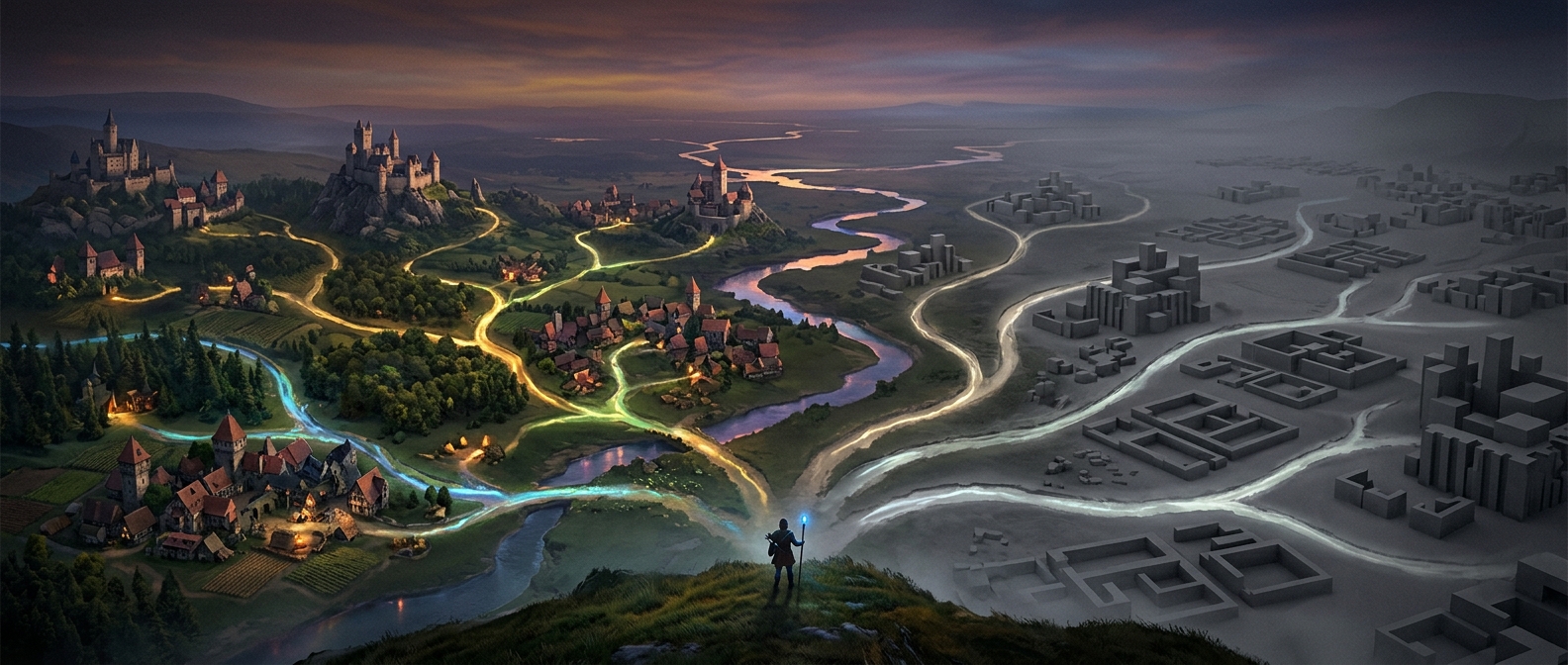 A sweeping game world at dusk where branching narrative paths of glowing light diverge across a vast landscape, some leading to richly detailed environments and others dissolving into hollow grey repetition