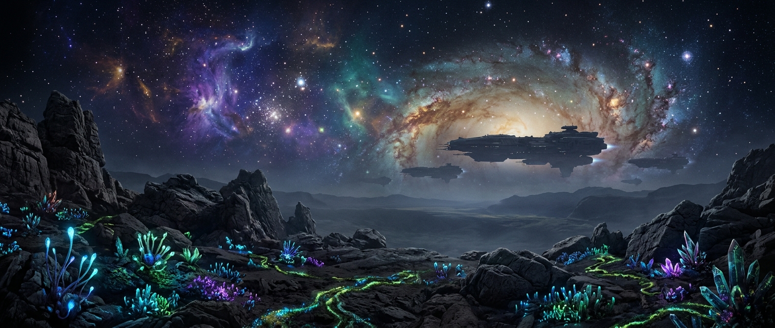 A sweeping cinematic view of an alien planet surface with bioluminescent formations in the foreground and capital-class starships drifting through a vast, infinite procedurally generated galaxy of nebulae and star systems beyond.