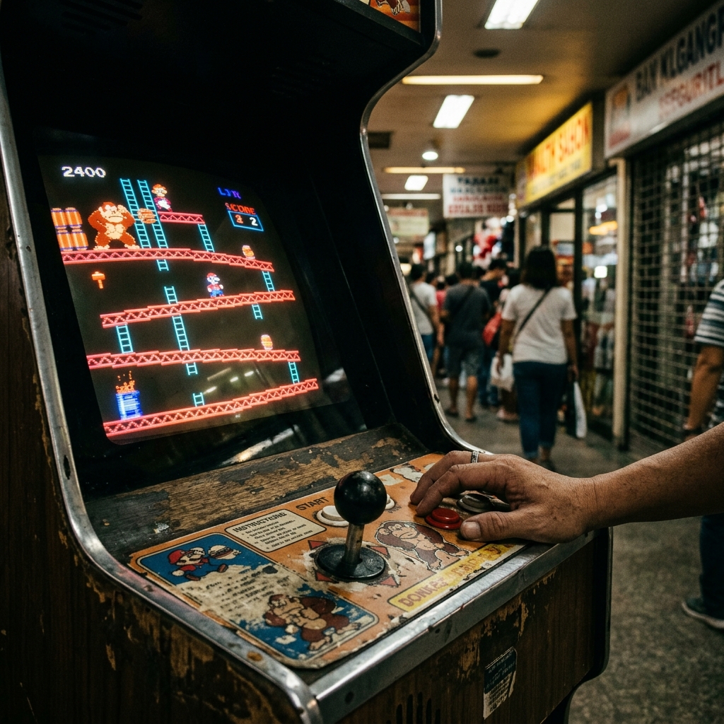 A battered Donkey Kong arcade cabinet glows in the dim light of a Philippine mall, its worn joystick and warm CRT screen reflecting decades of competitive play.