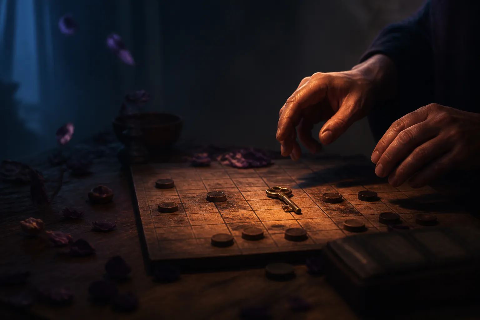 A dusk-lit wooden game table with scattered tokens and a brass key at center, two hands hovering above it without touching, as violet petals drift through the amber light.