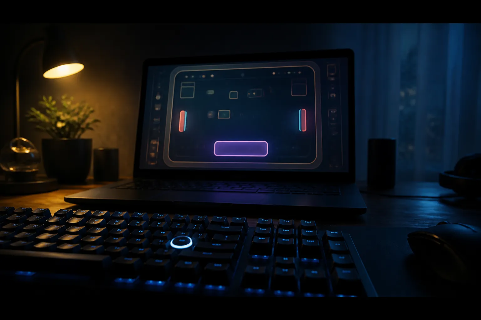 A panoramic night desk scene where a backlit keyboard and a glowing retro arcade screen are the focus, with the mouse left unused at the edge of the frame, suggesting a round played entirely from the keys.