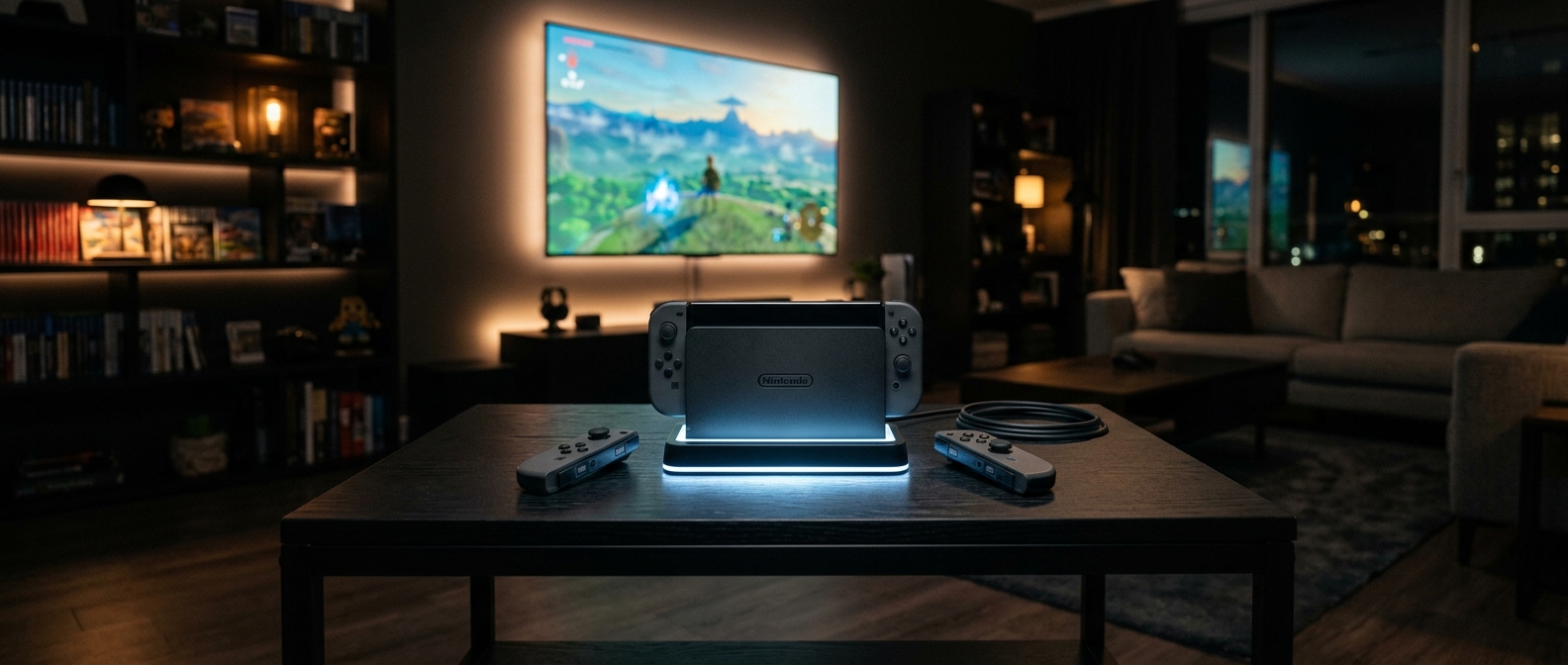 A Nintendo Switch 2 dock and Joy-Con 2 controllers on a game table, with a glowing TV screen reflected in the background.