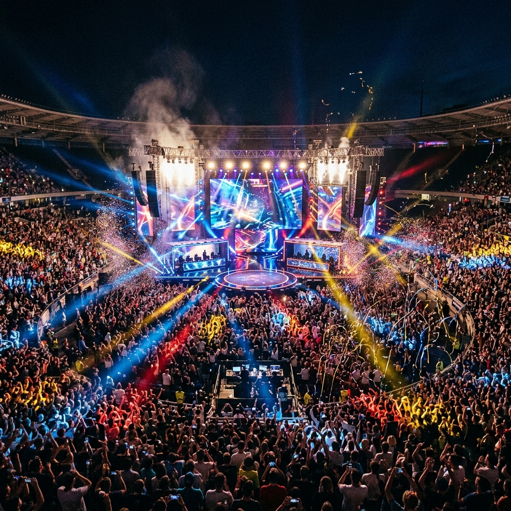 Aerial view of a large esports stadium filled with fans, colorful stage lighting, and confetti during a championship event